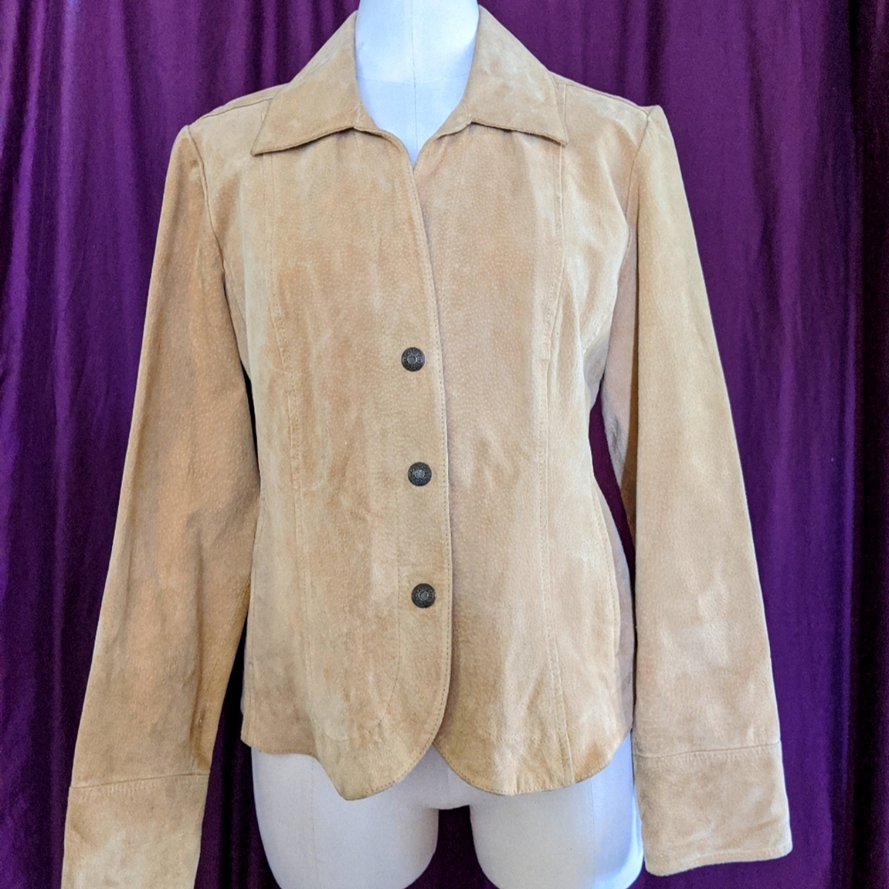 BOHO Blazer Tan suede leather jacket for Fall size medium, metal snaps